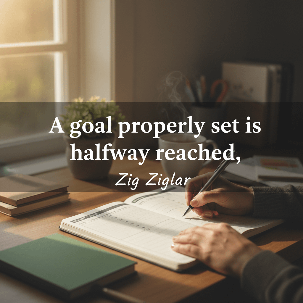 A peaceful, overhead view of a wooden desk with a minimalist notebook and a pen. In the center, the text "A goal properly set is halfway reached" is written in a clean, elegant font, attributed to Zig Ziglar.