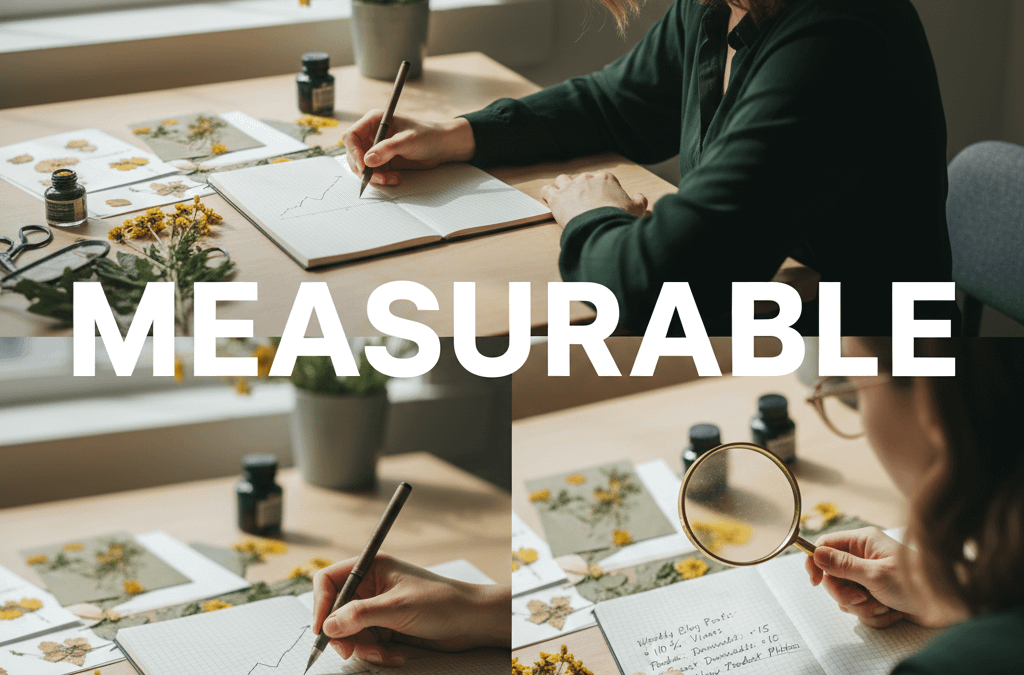 A four-panel collage with the large white word "MEASURABLE" centered across the middle. Each panel shows a woman with glasses and dark hair working intentionally at a wooden desk near a window. She is seen drawing a progress graph in a grid-paper notebook, examining handwritten notes with a magnifying glass, and pressing yellow wildflowers. The scene is bright and calm, filled with botanical elements, ink bottles, and natural light.