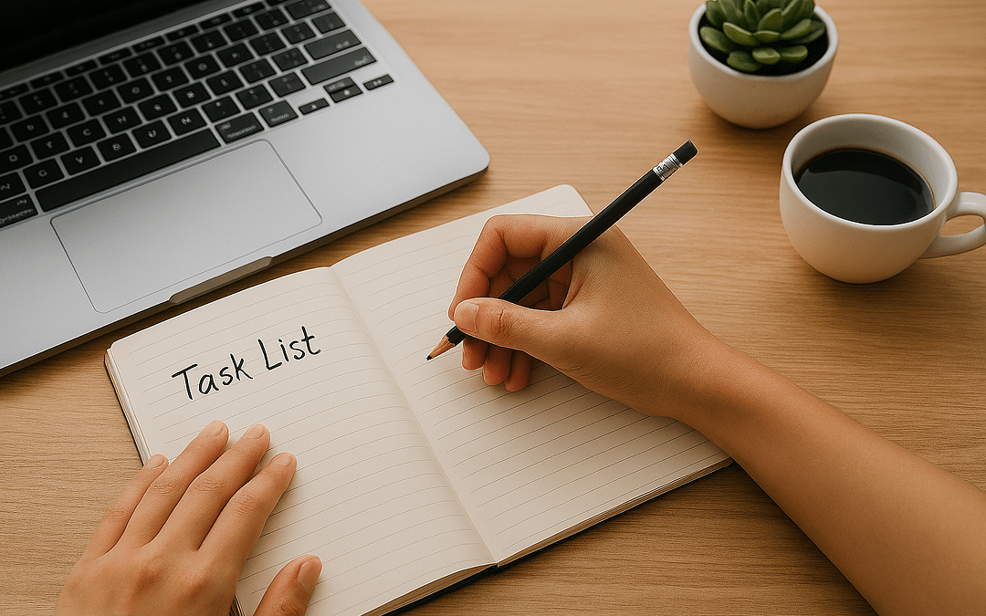Person writing a task list in a notebook on a desk with a laptop and coffee nearby, illustrating the benefits of monotasking and focused single-task productivity.